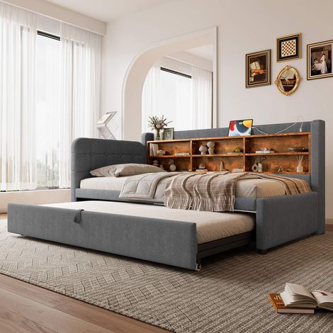Lit banquette 90x200 cm avec lit gigogne, extensible 180x200 cm, USB Type-C, rangements, sommier inclus, lin gris (1/5)