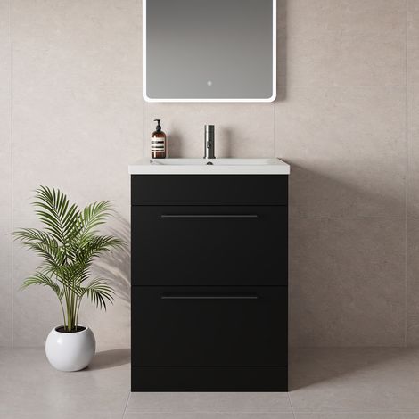 Napoli 460 Matt Black 600mm 2 Drawer Vanity Unit with Glide Basin - 600mm - Gunmetal Grey 320mm Handle