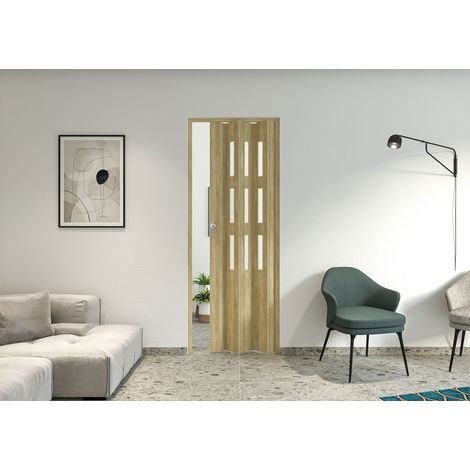 Porta a Soffietto da Interno Maya 83x214 cm Made in Italy in PVC con Vetro Satinato Rovere Cognac