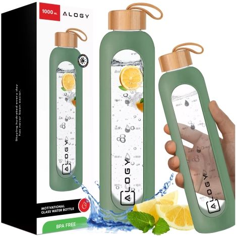 Botella de vidrio grande Alogy para bebidas, vaso medidor motivacional, 1 L, 1000 ml, funda de silicona, color oliva. (1/5)