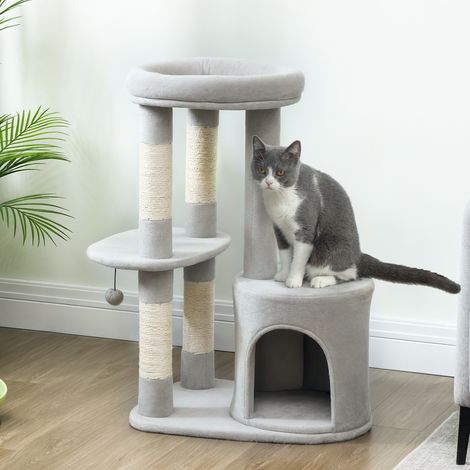 PawHut Arbre à Chat Tour de Jeux 60x45x90cm - Griffoirs, Plateformes, Niche, Balle, Peluche, Gris Clair