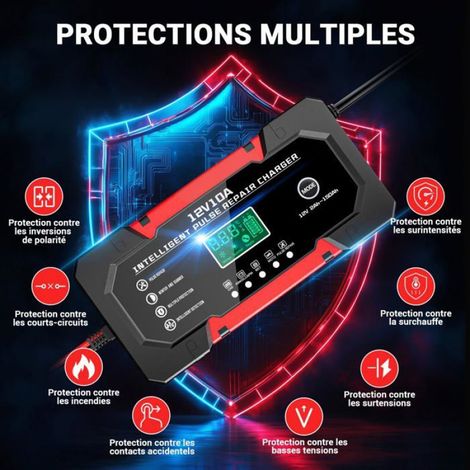 1 Chargeur de batterie, 10A 12V, écran LCD, mode réparation, compatible LiFePO4 GEL AGM, voiture moto (1/5)