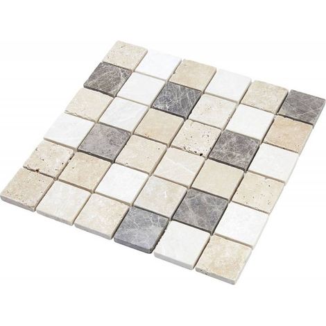 Decoon – Mosaïque en travertin mix gris 4.8 x 4.8 cm – Pour murs intérieurs – Finition naturelle – Idéale pour salle de bains et cuisine