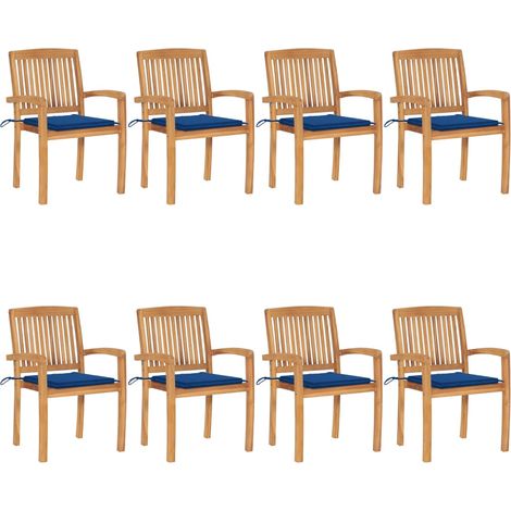 Chaises de jardin empilables avec coussins lot de 8 Teck solide (1/5)