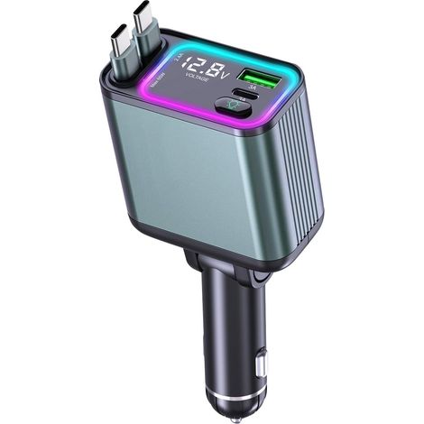 Cargador de coche retráctil 4 en 1 con eficiencia RGB - Adaptador de coche USB tipo C dual de carga rápida de 92 W - Cargador de teléfono de coche compacto (apropiado (1/5)