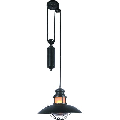 Barcelona Led – Suspension à poulie vintage E27 en métal noir – Système de poulie ajustable – Éclairage décoratif pour intérieur moderne (1/5)