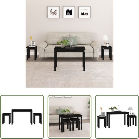 Bois de pin - Tables gigognes 3 pcs Noir Bois de pin massif (1/5)