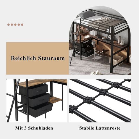 Lit superposé en métal avec bureau intégré de 2m, 3 tiroirs, échelle inclinée 4 marches, pour enfants et ados, fer+panneau de particules, noir+noyer foncé, 90x200cm (1/5)