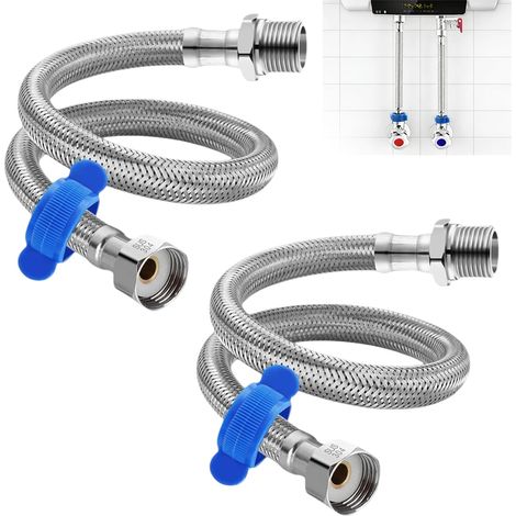 Lot de 2 connecteurs flexibles de robinet de 30 cm, rallonge de tuyau flexible BSP 1,27 cm mâle vers femelle 1,27 cm, tubes d'extension de robinet en acier inoxydable, pour salle de bain (1/5)