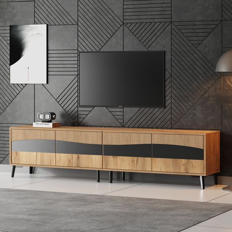 Mobile TV con 4 Ante e 8 Gambe, per Televisore da 75 Pollici, in Pannelli di Particelle, Naturale e Nero 180 × 40 × 50 cm (1/5)