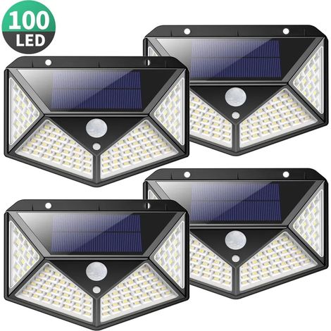 Set mit 4 Solar-Außenleuchten mit 100 LEDs, Bewegungsmelder, ultraheller 270°-Solarbeleuchtung, wasserdicht, 3 Beleuchtungsmodi, ideal für Gärten.