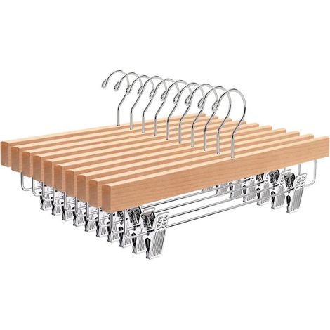 Juego de 10 perchas de madera natural de 32 cm para el hogar, ideales para pantalones, faldas, calcetines y ropa interior. Perchas antideslizantes con pinzas. (1/5)