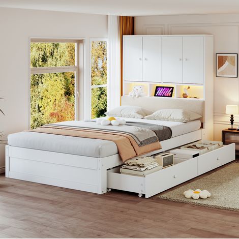 Multifunktionales Holzbett, 90 x 200 cm, mit gepolsterter Rückenlehne, Kopfteil mit Stauraum, Ablagefächern, LED-Beleuchtung und Steckdose, mit Schublade und Lattenrost, Einzelbett, Jugendbett, Weiß (1/5)