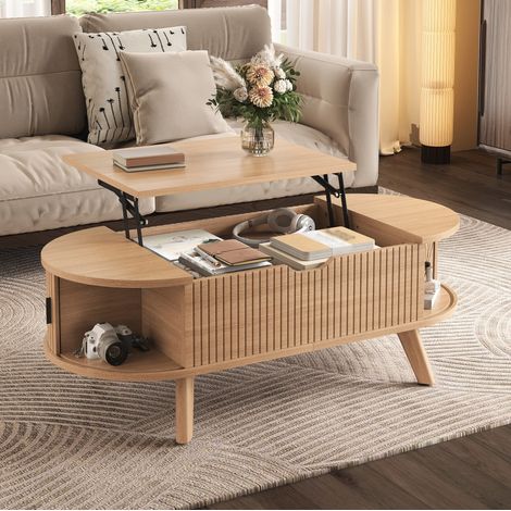 Aparador 110/50/53,5 cm natural con tablero elevable y puertas correderas (1/5)