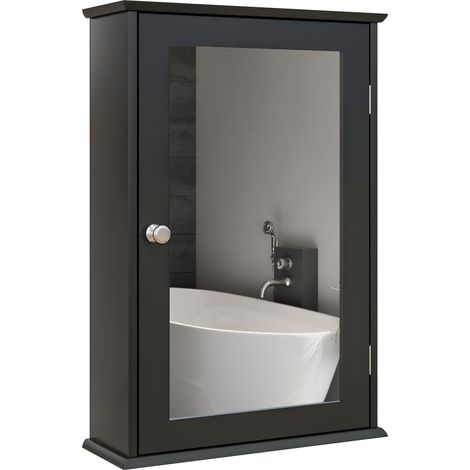 Mobiletto Bagno Pensile con Specchio e Anta a Chiusura Magnetica, 41x14x60 cm, Nero