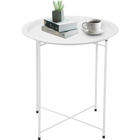Tray Metal Side Table 47x50cm Small Side Table With Removable Round Tray Round Coffee Table for Outdoor or Indoor for Home Kitchen White (1/5)