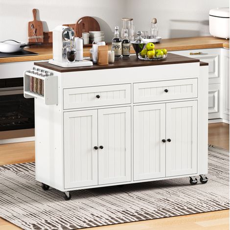 MEUBLIV Îlot de cuisine sur roulettes avec plateau extensible 112 à 180,5 cm blanc et noyer (1/5)