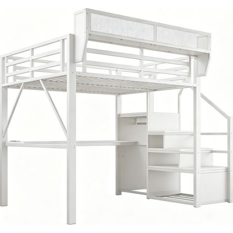 Lit mezzanine 140 x 200 cm en métal blanc avec bureau, échelle et rangements LED (1/5)