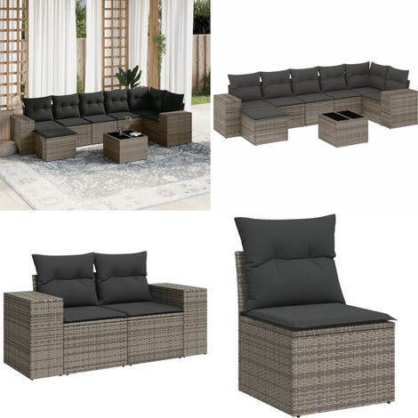 Salon de jardin 8 pcs avec coussins gris résine tressée - Ensemble Salon Jardin - Meuble Jardin - Résine Tressée - Rotin Synthétique - Mobilier Exterieur - Home & Living (1/5)