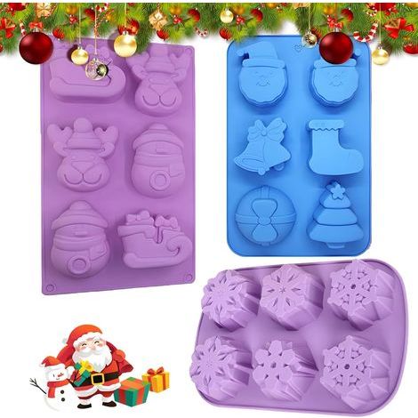 3 Pièces Moules en Silicone de Noël,Moule à Gelée de Pouding à Gâteau,avec Forme de Flocon de Neige/Bonhomme de Neige/Renne/Traîneau/Père Noël/Cloches,6 Cavités Chacun-Trois Styles,Couleurs Aléatoires (1/5)