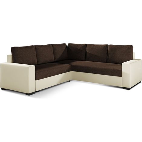 Canapé d'angle convertible simili beige et tissu marron Travor 235cm (1/5)