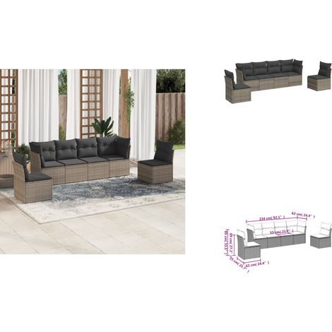 6-tlg. Garten-Sofagarnitur mit Kissen Grau Poly Rattan - Gartensortiment - Outdoor Möbel - Lounge Set - Gartenlounge - Rattan Sofa (1/3)