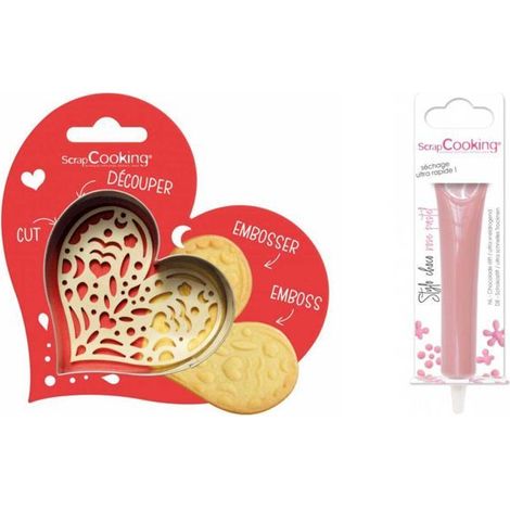 Kit pour biscuit en relief Coeur + Stylo au chocolat rose pastel