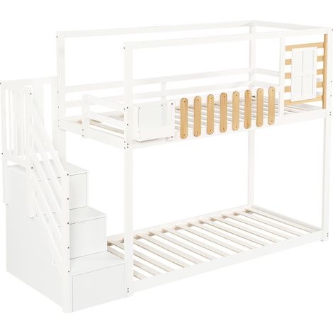 Lit superposé enfant avec escalier, pin massif & MDF blanc/naturel, sommier à lattes, 90x200 cm (1/5)