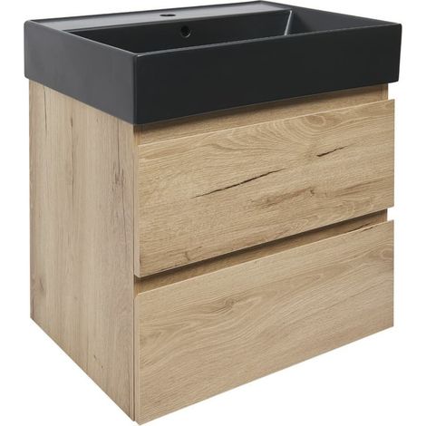 Meuble de salle de bains 2 tiroirs avec vasque céramique - SAT - B-Way - 59x50x45 - Chêne (décor) - Chêne