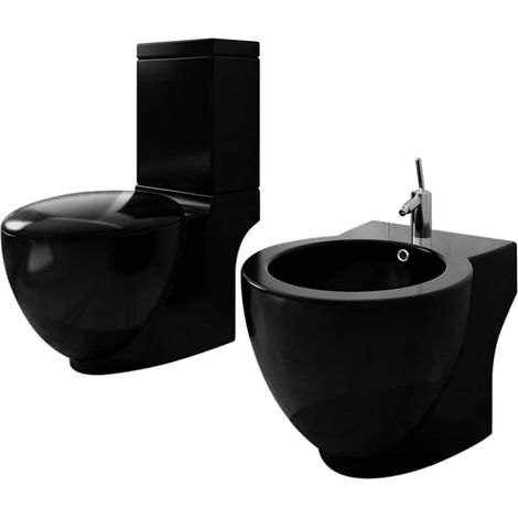vidaXL Ensemble de toilette et bidet sur pied Noir Céramique (1/5)