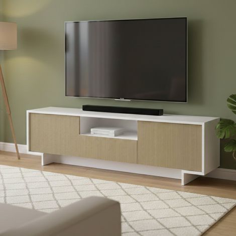 Dmora - TV-Ständer Andromeda, TV-Ständer für das Wohnzimmer, niedriges Wohnzimmer-Sideboard mit 2 Türen und 1 Schublade, 100 % Made in Italy, 170 x 42 x 48 cm, Weiß und Beige (1/5)