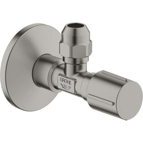 GROHE Rubinetto sottolavabo a squadra 22037, attacco a parete 1/2'', uscita 3/8'', codolo lungo a scorrimento, raccordo a compressione Ø 10 mm, rosone scorrevole in metallo, satin steel, 22037MS0 (1/2)