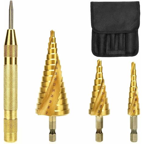 Broca de metal  para taladradora, broca escalonada con punzón central automático, broca cónica triangular de titanio, avellanada, 4-12/4-20/4-32 mm, 4 unidades (1/5)