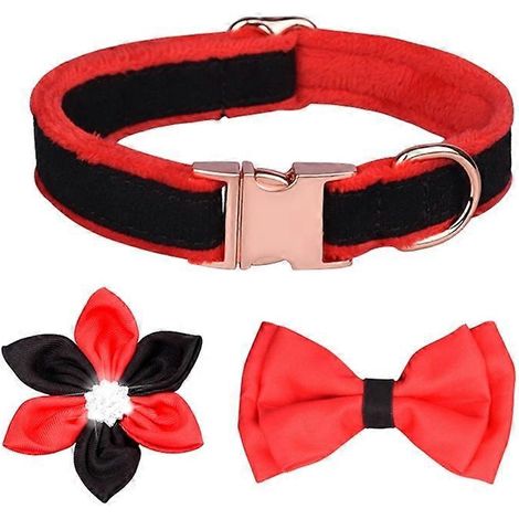 Prinz Katzenhalsband, Blumen-Hundehalsband mit Fliege, 3-teiliges Set mit funkelnden schwarzen und roten Kristallen, Größe S.