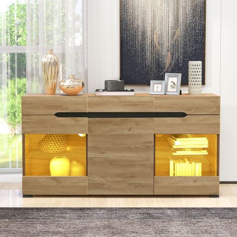 Buffet moderne 140x35x80 cm avec 3 portes, 3 tiroirs et LED, pour salon et salle à manger, naturel (1/5)