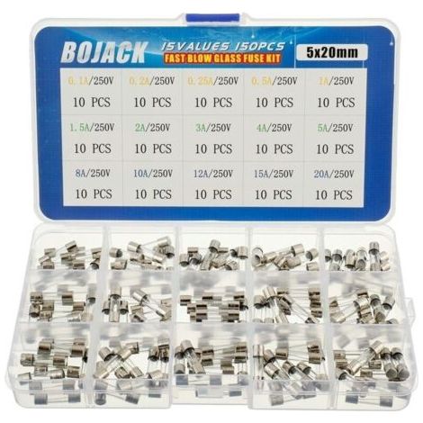 15 Valeurs Assortiment de fusibles en verre avec raccord rapide 150pcs 5x20mm 250V 0,1 0,2 0,25 0,5 1 1,5 2 3 4 5 8 10 12 15 20A Conditionnement en boite plastique transparente