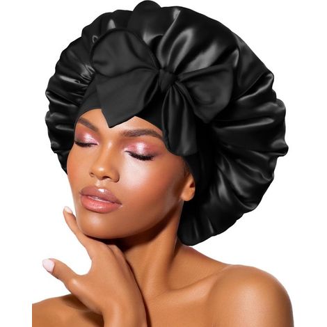 Balaclava - Berretto da notte - Seta sintetica a righe a farfalla, tesa larga, cuffia da bagno lunare - Sciarpa per capelli, grande cappuccio per dormire - Nero (1/5)