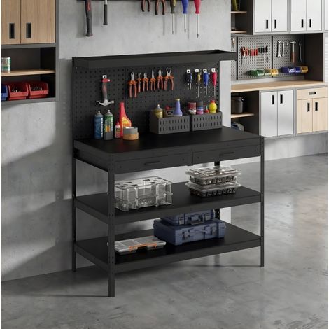 Banco da lavoro con pannello forato, 2 cassetti e ripiani regolabili, 122 x 61 x 156 cm, nero HAVRYA (1/5)