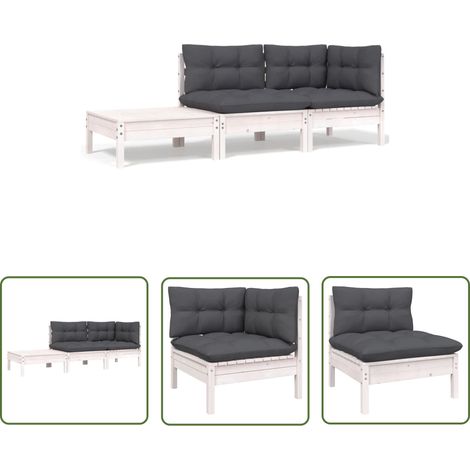vidaXL 3 Piece Garden Lounge Set with Cushions White Solid Wood Pine