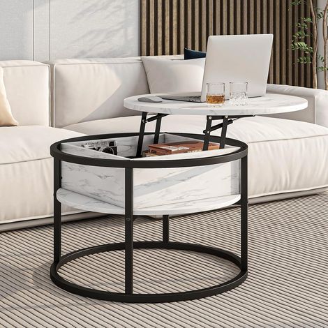 Table basse ronde relevable avec rangement, plateau relevable silencieux, structure métal et imitation bois noir pour salon, blanche (1/5)