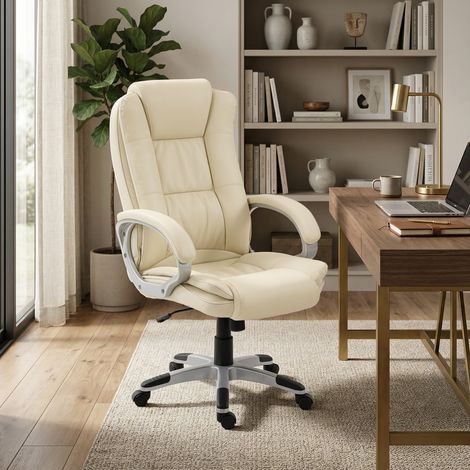 Fauteuil de bureau pivotant en similicuir beige, dossier haut, basculement et hauteur réglables (1/5)