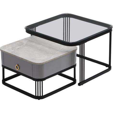 2er-Set stapelbarer Couchtische mit Marmoreffekt, Glasplatte, schwarzen Beinen und Schubladen (1/5)