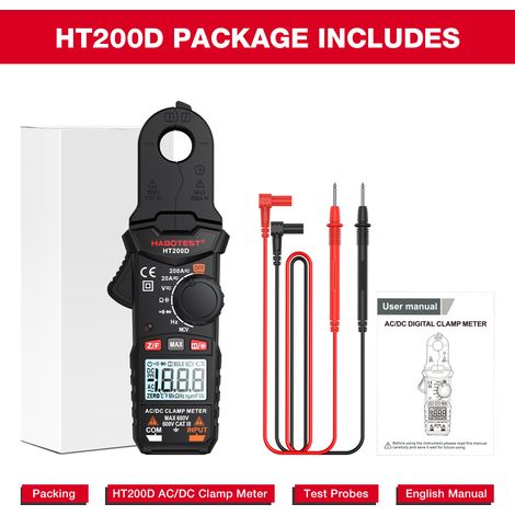 HABOTEST HT200D Digital Clamp Meter 2000 Counts True RMS NCV 600V Voltage 200A DC/AC Current Digital Multimeter Clamp Current Meter Can Measure Resistance Capacitance Frequency Continuity Diode Test (1/5)