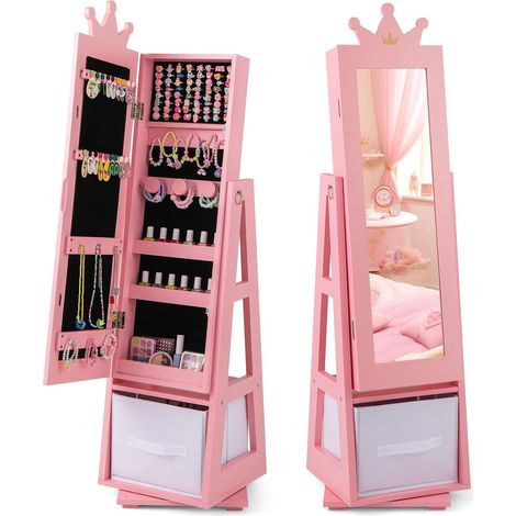 COSTWAY Armoire à Bijoux Enfant avec Miroir & Base Pivotante, Organisateur à Bijoux en Motif Couronne avec Bac en Tissu & Étagère, Dispositif Anti-basculement pour Enfant de 3 Ans+ (Rose) (1/5)