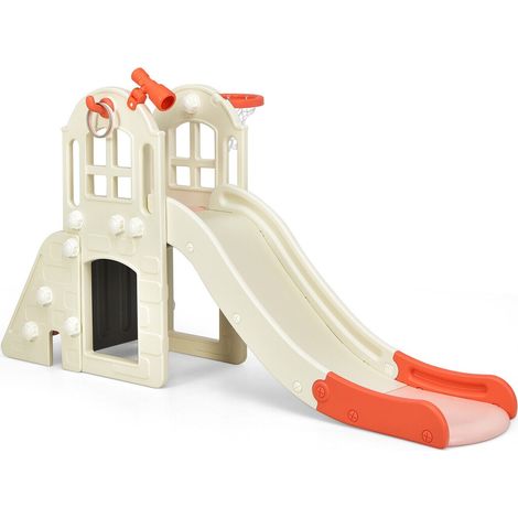 Toboggan pour enfant rose 6-en-1 en HDPE avec tunnel, escalade, panier de basket et longue glissière pour jardin, maison et cour (1/5)