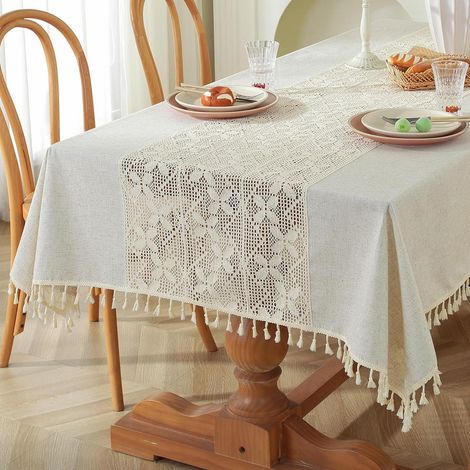 Nappe au crochet 140x140cm Rectangulaire Beige avec pompons Boho Vintage