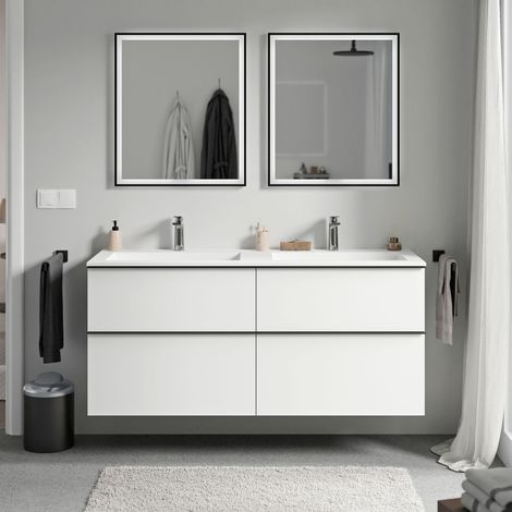 BERNSTEIN - Mobile lavabo sospeso MDF bianco opaco, lavabo Ghisa con foro rubinetto, maniglia nero opaco - 120x46x62cm - LAVOA Bianco opaco, Nero opaco, Bianco opaco con foro rubinetto