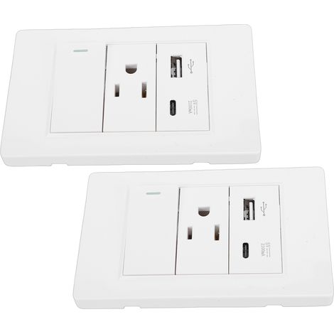 Lot de 2 prises murales avec interrupteur unique, 15 A, 3 broches, 10 W, port USB Type C 2,1 A, blanc, prise US (1/5)