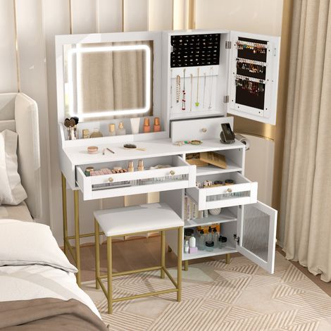 Ensemble de Coiffeuse et Tabouret Table de Maquillage avec Miroir LED à 3 Couleurs Station de Charge Armoire à Bijoux et Tiroirs Blanc (1/3)