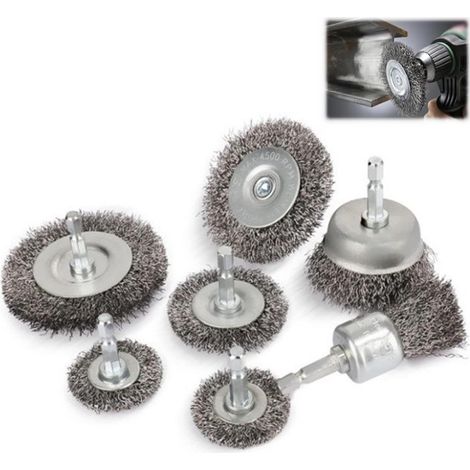 Set de 7 brosses métalliques pour perceuse, brosses métalliques pour visseuse sans fil Brosse abrasive, avec tige hexagonale Set de brosses métalliques, pour enlever la rouille/la corrosion/la (1/5)